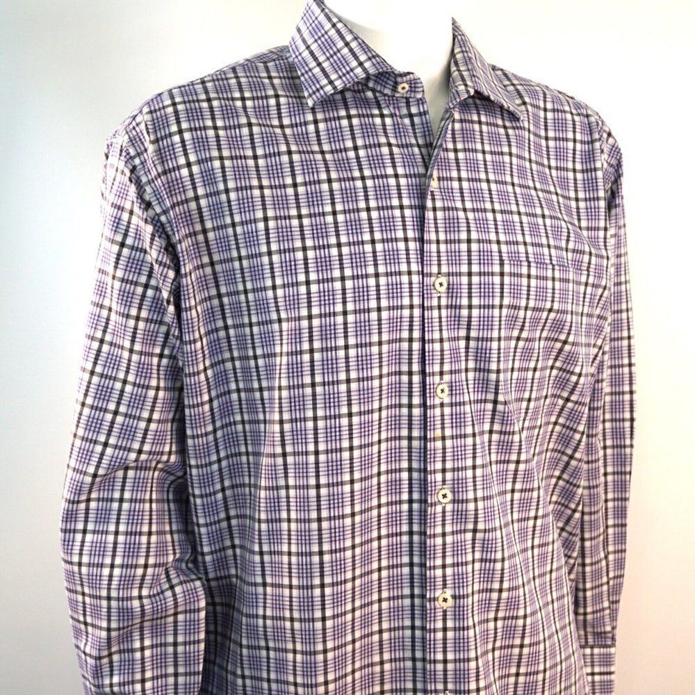 Peter Millar Shirt Mens XL Long Sleeve Button Purple Stipe Check Cotton Casual